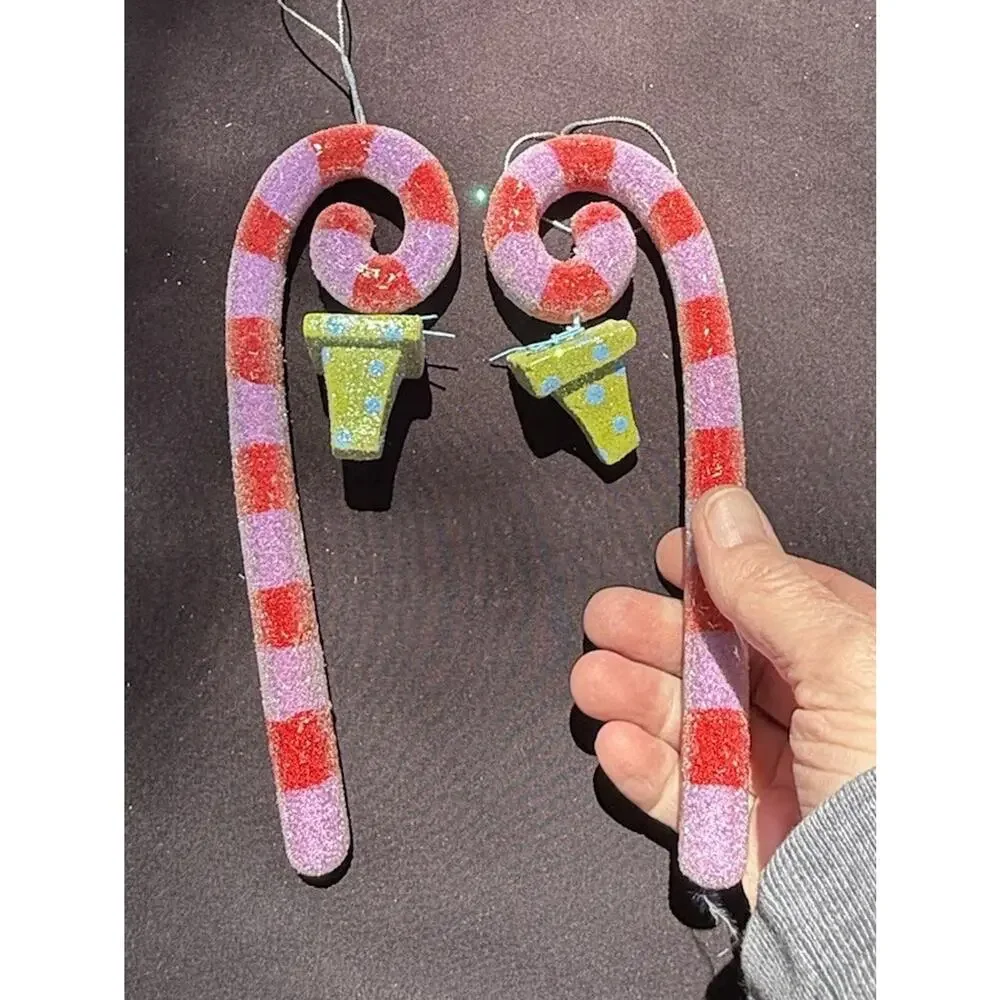 2 Vtg Dept 56 Whimsical Sugared Candy Cane Christmas Ornaments Frosted -K1